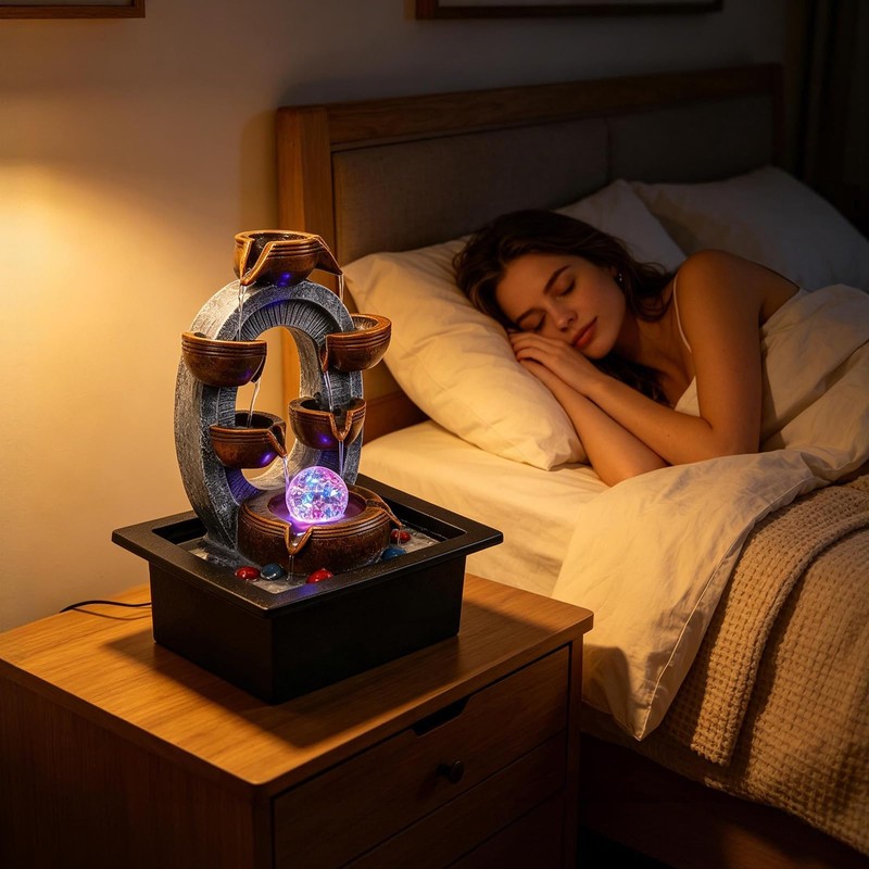 Desktop Water Fountain Indoor:6 Tier Cascading Waterfall with Spinning Orb
