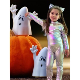 Kepblom Girls Shiny Metallic Mock Neck Unitard Long Sleeve Zipper Back One Piece Bodysuit Costume