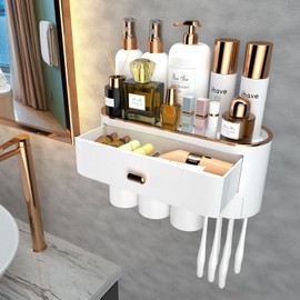 iHave Toothbrush Holders for Bathrooms, 3 Cups Toothbrush Holder Wall Mounted with Large Capacity Drawer and Tray - Bathroom Organizer & Bathroom Organization and Storage