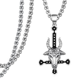 Hantuorui Inverted Pentagram Baphomet Goat Necklace - 925 Sterling Silver Satanic Upside Down Cross Necklace, Satanism Punk Gothic Jewelry Gifts for Men Women