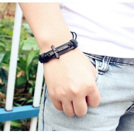 AZYOUNG Unisex Black Brown Leather Woven Rope Alloy Cross Pendant Adjustable Bangle Bracelet (Black Brown)