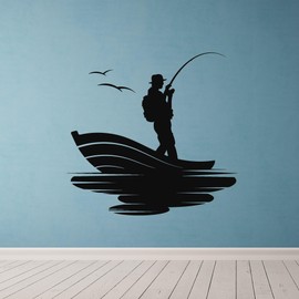 Large Vinyl Wall Decal Fishing Boat Fisherman Fisher Hobby Decor Stickers Mural (g8866) Black
