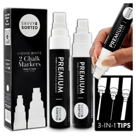 SAVVY & SORTED Large Erasable White Chalk Markers, 2PK 10 and 15mm Bold Marker for Glass Window, Washable Chalkboard Paint Board Jumbo Pens