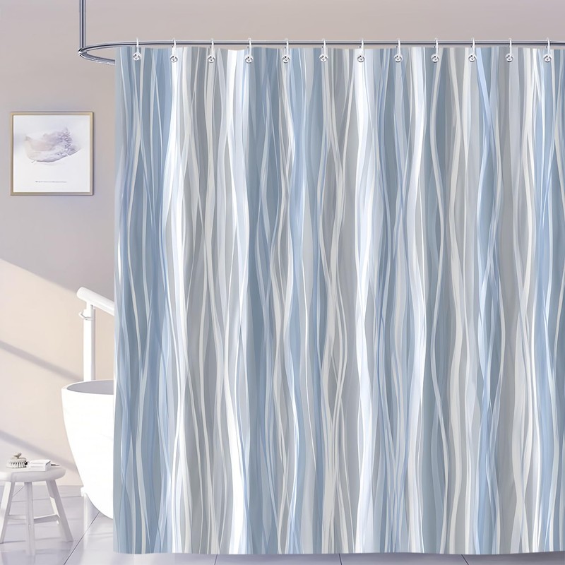 Moonslim Blue Grey Ombre Shower Curtain, Modern Wavy Abstract Striped
