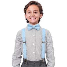 BELLUNO Juego de tirantes sólidos y pajarita preatada, mezcla de algodón y lino, tamaño desde niños pequeños hasta adultos, 34 Azul Cielo Claro, XL - (Adults, < 6'1" )