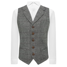 King & Priory Luxury Pewter Grey Herringbone Check Waistcoat with Lapel - XXXL
