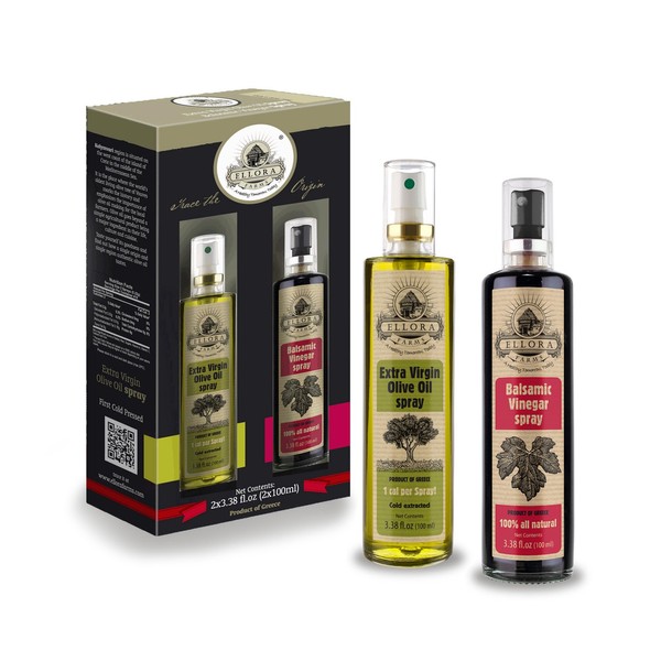 Ellora Farms, Olive Oil and Balsamic Vinegar Spray Gift Pack, Single Origin Greek, Clog-Free Heavy Glass Spray Bottles, 3.38 Oz (100 ml) Each bottle