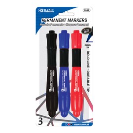 BAZIC Permanent Marker Chisel Tip, Jumbo Assorted Color Markers, Soft Grip Coloring on Plastic Wood Metal Glass Stone for Art Office (3/Pack), 1-Pack