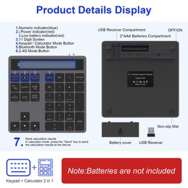 Bluetooth/2.4G Wireless Number Pad with Calculator - Wireless Numeric Keypad Slim 34-Keys External Numpad Keyboard Data Entry + Calculation 2in1 Number Pad for Laptop Desktop PC Smartphone
