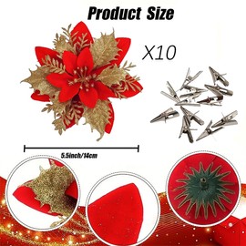 Earlyred 10PCS Christmas Poinsettia Flowers 5.5" Artificial Red Glitter Flowers Xmas Ornaments with Clip & Stems for Christmas Tree New Year Wedding Party Decoration
