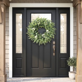 24" Large Eucalyptus Wreath for Front Door – All Season Artificial Greenery Wreath with White & Yellow Blossoms – Full Front Door Wreath for Porch, Farmhouse Entryway & Home Wall Decor