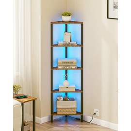 TUTOTAK Corner Shelf with LED Light, 5-Tier Corner Bookshelf for Small Space, Narrow Display Corner Shelf Stand with Storage Rack, for Living Room, Bedroom, Rustic Brown BS05BB005L