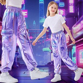 Rolanko Girls Shiny Metallic Cargo Pants, Sparkle Jogger Pants for Girls Hip Hop Dance Streetwear Cargo Trousers (BluePurple, 14-16)