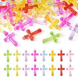 Beadthoven 50pcs Acrylic Cross Charms Transparent Plastic Crucifix Cross Beads Colorful Eater Jesus Cross Pendants Small Cross Charms for Jewelry Making Earring Keychains Necklace DIY Supplies