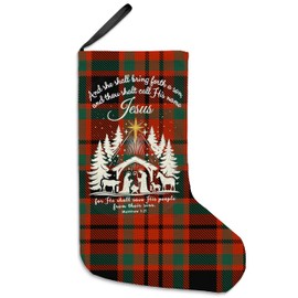 uinwk 16 Inches Red and Green Plaid Christian Nativity Christmas Stockings, Jesus Birth Christian Xmas Stockings, Vintage Red Buffalo Plaid Christmas Socks Decoration