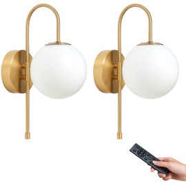 MSTETO Battery Operated Gooseneck Wall Sconces Set of 2, Glass Globe Wireless Lights with Remote & Touch, Rechargeable Brushed Gold Sconce, 3 Color Dimmable Ambient Lighting for Bedroom Living Room