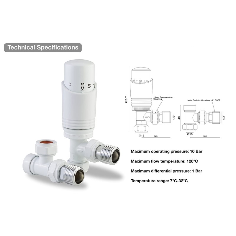 White Thermostatic Radiator Valve Angled Corner or Straight White Radiator