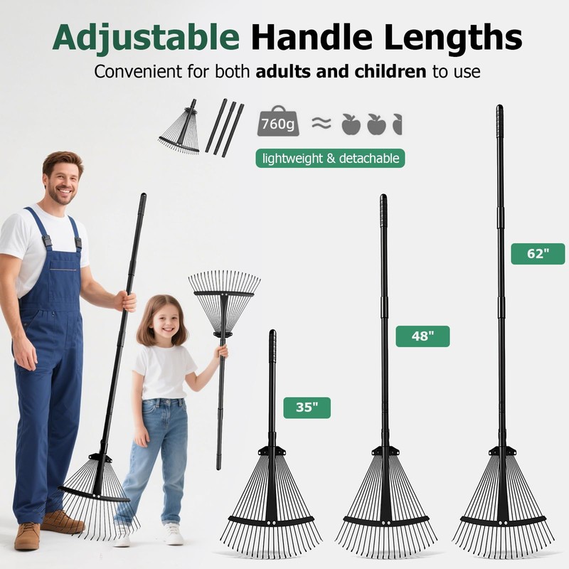 Extra Wide 22-Tines Adjustable Leaf Rake & Leaf Scoops Set,