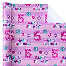 WRAPAHOLIC 5th Birthday Wrapping Paper - Mini Roll - 17 Inch x 33 Feet - Pink Floral and Happy Birthday Wrapping Paper for Girls, Party, Holiday
