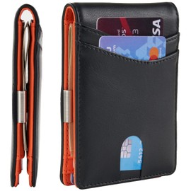 Mutural Minimalist Slim Wallet for Men, Premium Leather Wallet with Money Clip, RFID Blocking Front Pocket Stylish Bifold Wallet, Class Black & Orange, Minimalist Slim Wallet for Men