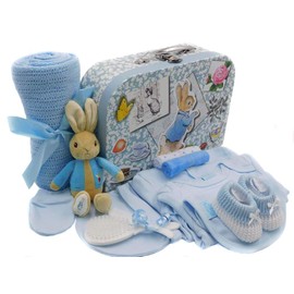 New Baby Boy Gift - Keepsake Box with 5-Piece Layette Clothing Set, Peter Rabbit Plush Rattle and Newborn Gifts