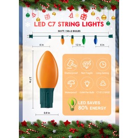 Multicolor C7 LED Christmas Lights Outdoor, 50FT Colorful Christmas String Lights with 50+2 Plastic Bulbs, Traditional Hanging Holiday Lights for Christmas Tree Patio Fence Roofline Xmas Decorations