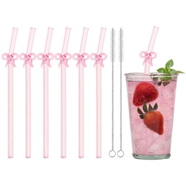 FYSUIMU 6Pcs Pink Bow Reusable Glass Straw with Charm Cute Coquette Clear Drinking Straw with 2 Cleaning Brush for Bachelorette Party Decor Drinkware Accessories, 7.9 in x 8 mm