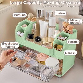 DASITON Large Capacity Makeup Organizer for Vanity with 2 Drawers, Skincare Organizers with Makeup Brush Holder, Cosmetic Display Case for Dresser Vanity Bathroom Countertop (Green)