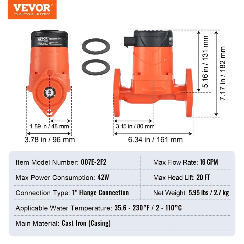 VEVOR 007E-2F2 Hot Water Recirculating Pump, 110V, 42W 16 GPM
