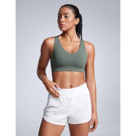 CRZ YOGA Womens Butterbreeze Criss Cross Back Sports Bra - V Neck Adjustable Straps Padded Wireless Workout Training Crop Top Grey Sage X-Large