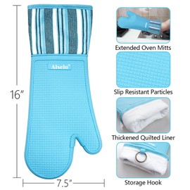 Alselo Oven Mitts Heat Resistant Silicone Kitchen Gloves for 550 Degrees with Waterproof and Non-Silp, Oven Gloves for Baking Cooking Barbecue Microwave Machine Washable (2, Extra Long Sapphire)