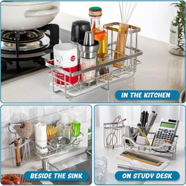 COCOBOSS Sink Organiser, Kitchen Sink Sponge Holder, Premium Stainless Steel Sink Organiser Kitchen with Removable Drip Tray and Non-Slip Strips, Silver (22 x 9 x 13 cm)