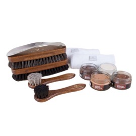FootFitter Complete Leather Shoe Shine Refill Kit, Horsehair Brushes, Shoe Polish Creams, Microfiber Cloths & Travel Shoehorn (Brown Colors)