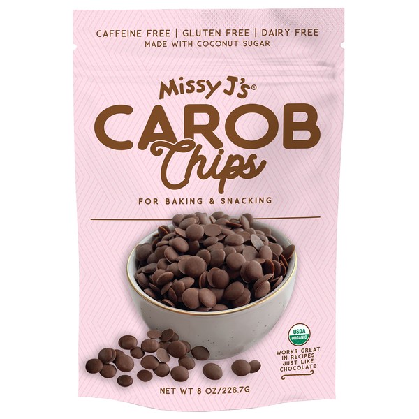Missy J's Organic Carob Chips 8 Ounce 1 Pack | Carob Made w/Coconut Sugar, Vegan and Gluten-Free | Healthy Caffeine Free Substitute for Chocolate, Perfect for Snacks and Treats