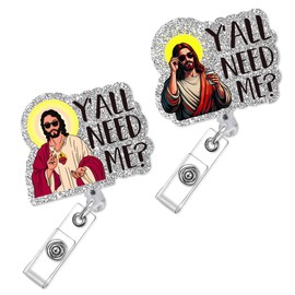 Christian Jesus Badge Reel Retractable - 2 Pcs Y'all Need Me Funny ID Badge Holder with Acrylic Alligator Clip for Nurse Nursing Doctors Medical Student Teacher Hospital Worker Office Card Reels Gifts