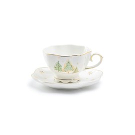 Gracie China Shop Christmas Pine Trees Fine Porcelain Scallop Shaped Tea Cup and Saucer Set, One Cup with One Saucer Set