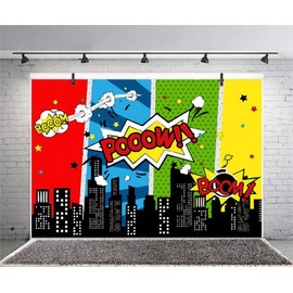 Renaiss 2.7 x 1.8 m Comic City Super Hero Background Cartoon Humour Abstract Superhero Photography Background for Boys Child Birthday Party Banner Vinyl Photo Video Shoot Studio Props