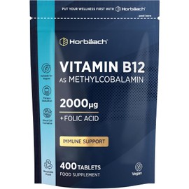 Vitamin B12 Tablets High Strength 2000mcg with Folic Acid | 400 Count | Vitamin B12 as Methylcobalamin | Vegan Supplement | by Horbaach
