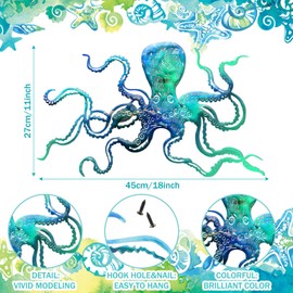 Zhengmy Octopus Metal Wall Art Decor 18 x 11 Inch Extra Large Octopus Wall Hanging Sculpture Nautical Beach Ocean Theme Home Wall Decor(Ocean Blue)