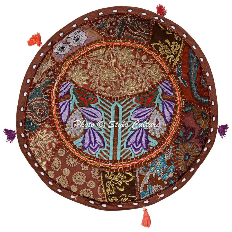 Stylo Culture Cotton Patchwork Embroidered Osmanische Cover Brown Floral Ottoman