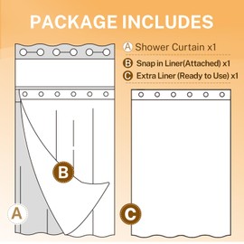 River Dream No Hooks Shower Curtain with 2 Snap in Liner, White, 71Wx74H