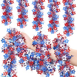 50FT 4th of July Patriotic Tinsel Garland, Glitter Tinsel Garlands with Star, Metallic Holiday Hanging Streamers for Memorial Day Independence Day Indoor Outdoor Party Decor (Blue,Red,White)
