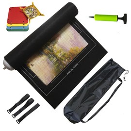 Taicols Jigsaw Puzzle Storage Roll Mat of 1500 Pieces with 4 Sorting Trays,Store Puzzle for Next Play, Jigsaw Puzzle Mat Roll Up, Jigsaw Puzzle Roll Mat Board Felt Mat Inflatable Tube Inflator (Black)