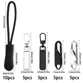 30 Piece Zip Pendant Set, Nylon Zip with 10 Spring Clasps, 10 Zip Pendants, Zip for Zip, Black Zip Pulls for Backpacks, Jackets, Luggage
