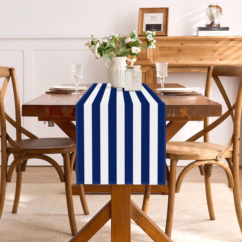 Buxiuer Navy Blue and White Striped Table Runner Nautical Theme