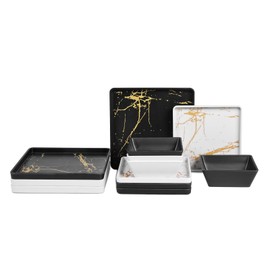 Yummost Melamine Dinnerware Set for 4, 12pcs Square Dishes Set, Plates and Bowls Set for Daily Use, Unbreakable, Dishwasher Safe, Black and White