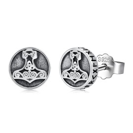 Viking Thors Hammer Earring 925 Sterling Silver Celtic Earring Norse Jewelry Punk Gothic Stud Earring Norse Pagan Gifts for Women Men, Sterling Silver, No Gemstone
