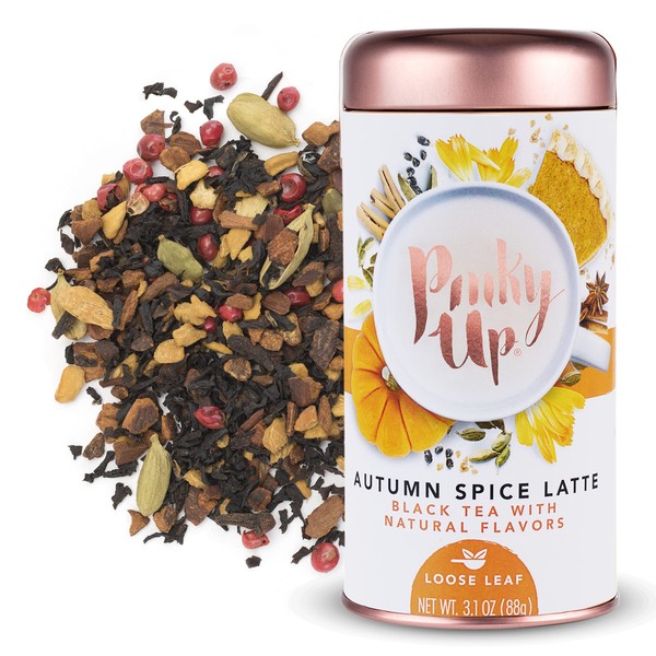 Pinky Up Autumn Spice Latte Hojas sueltas | Té negro orgánico de hoja entera, 40-60 mg de cafeína por porción, naturalmente baja en calorías y sin gluten | 25 porciones
