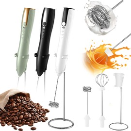 Frother wand rechargeable,milk frother wand handheld rechargeable electric whisk with 2 heads coffee drink mixer,frother with stand(white)