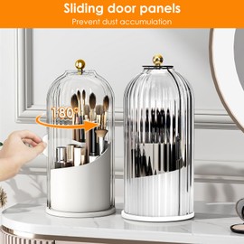 Makeup Brush Holder with Clear Lid, 360° Rotating Make Up Organizers with Divided Compartments, Waterproof Dustproof Spinning Cosmetics Organizer Storage Box for Brushes Lipsticks on Vanity Desk